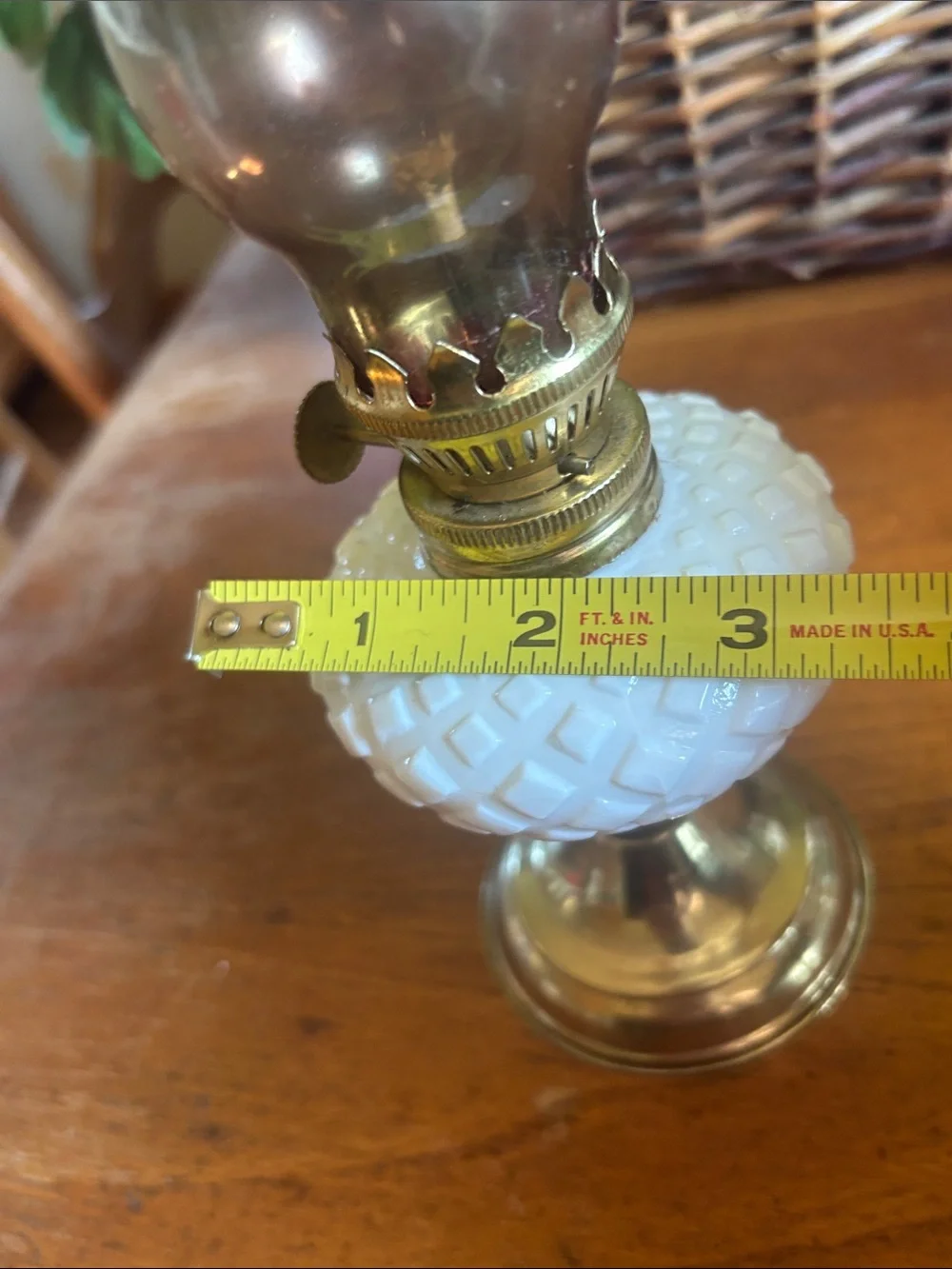 Vintage diamond design milk glass with brass tone base hurricane mini oil lamp